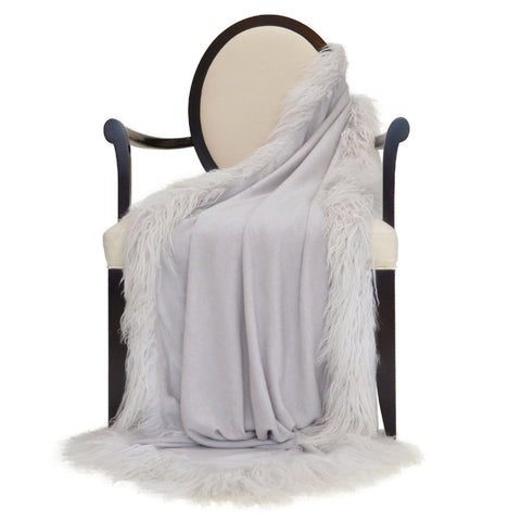 100% Cashmere Decorative Throw with Charcoal Rabbit Fur Pom Poms in Cloudy Gray