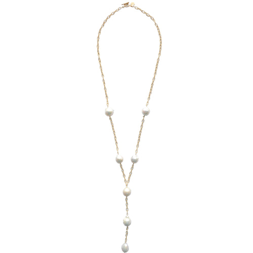 White Baroque Pearl Chunky Cable Link "Y" Lillypad Necklace
