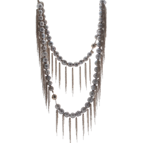 White Potato Pearl Stellenbosch Necklace with Gold Fringe