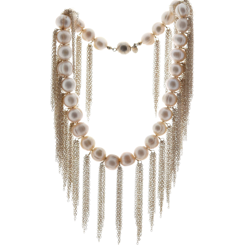 Gray Potato Pearl Stellenbosch Necklace with Silver Fringe