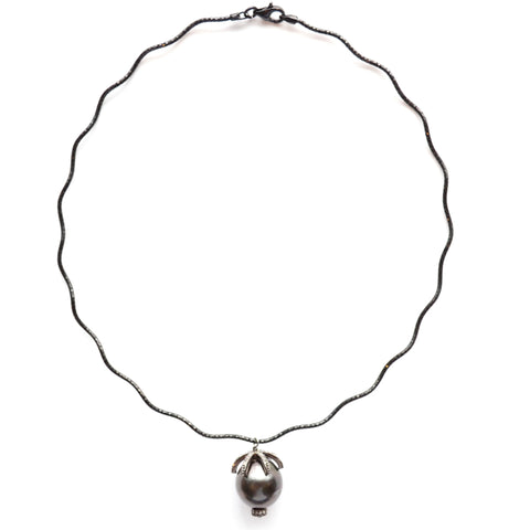 Oxidized Sterling Silver Choker with a Large Tahitian Pearl