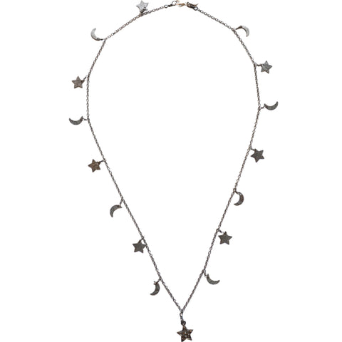 Oxidized Sterling Silver Celestial Star & Moon Necklace with a Moon Charm