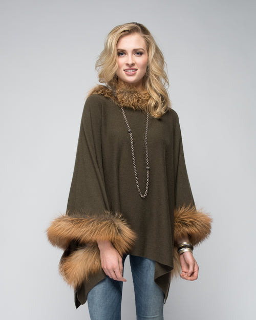 Cashmere Poncho with Full Fox Fur Trim in Hunter Green