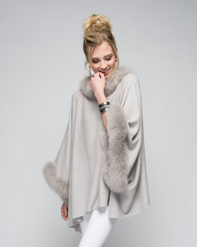 Cashmere Cape with Full Leather Trim in Shell