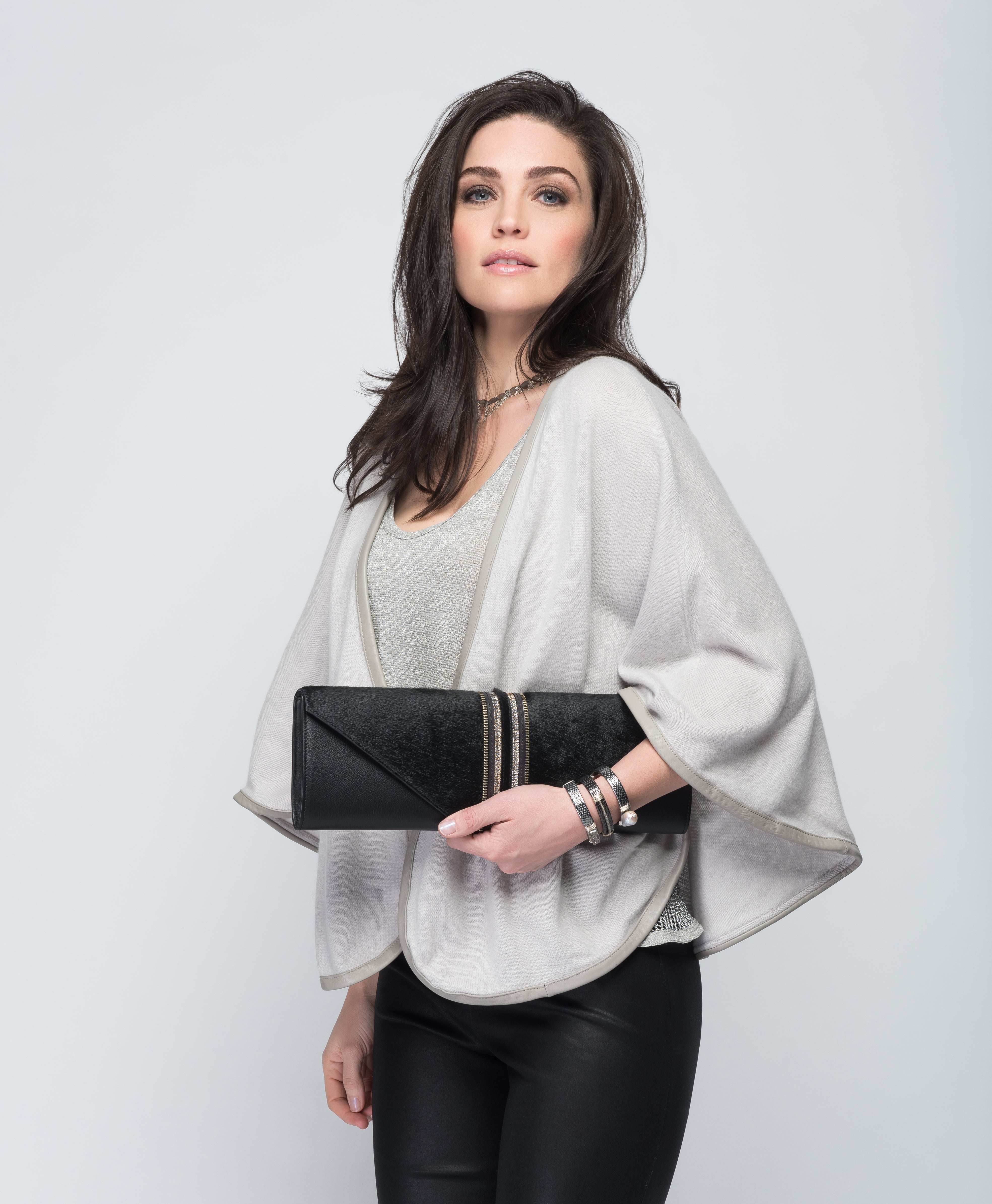 Cashmere Cape with Full Leather Trim in Dove Gray