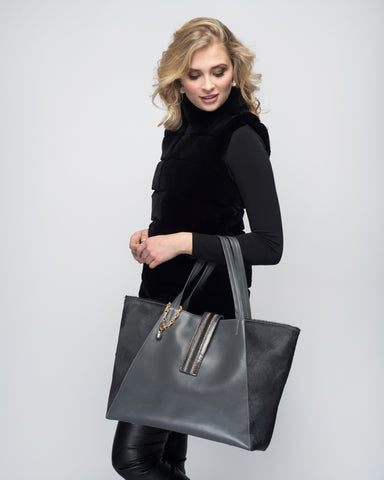 Black Croc-Effect Leather Convertible Tote