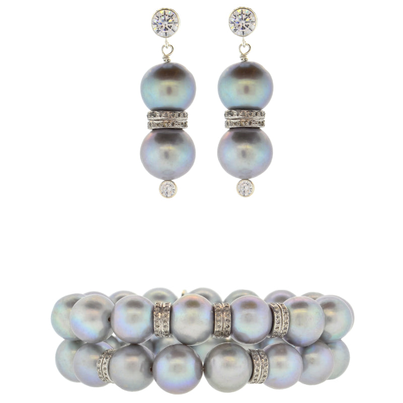 Diamond Rondelle & Gray Potato Pearl Drop Earrings