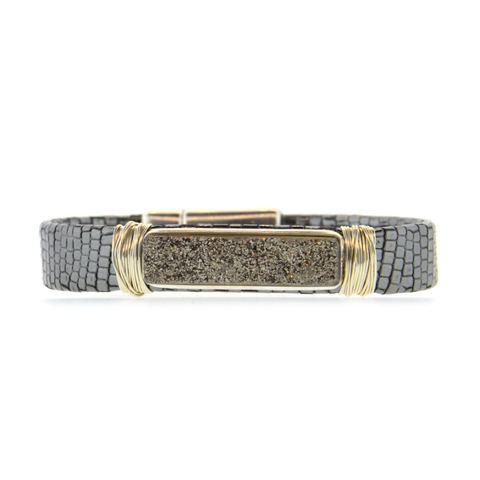Charcoal Shimmer Mala Mala Leather Bracelet with a Gold Arc