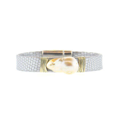 Charcoal Shimmer Mala Mala Leather Bracelet with a Gold Arc