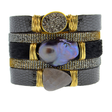 Black Shimmer Leather Namibia Cuff with Studs & Black Hide