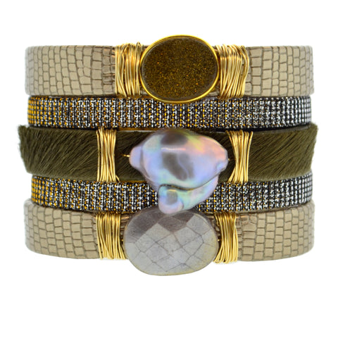 Pink Shimmer Leather Namibia Cuff with White Hide