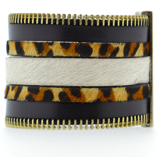 Black Zip Leather Namibia Cuff with Animal Print Hide