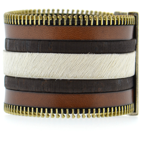 Brown Zip Leather Namibia Cuff with Brown Cork