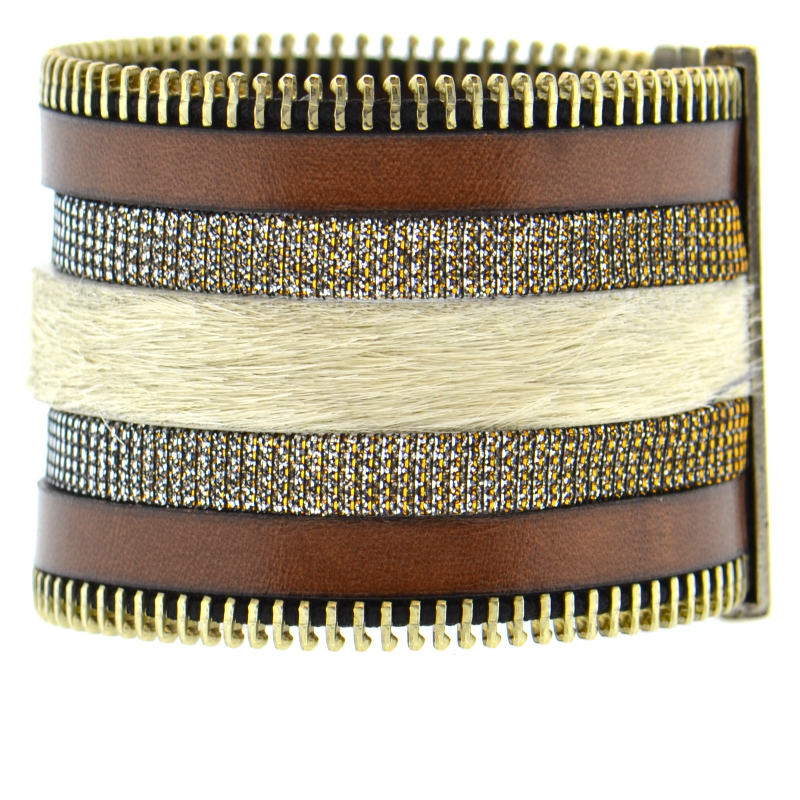 Brown Zip Leather Namibia Cuff with White Hide