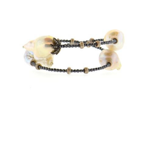 Black Shimmer Mala Mala Leather Bracelet with a White Baroque Pearl