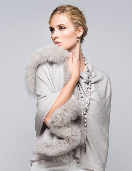 Cashmere Shawl with Double Fox Fur Trim in Dove Gray