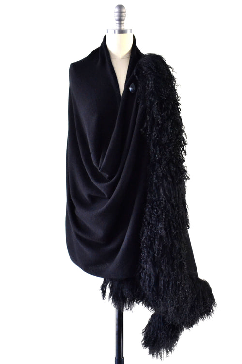 Cashmere Shawl with Double Curly Tibetan Sheep Fur in Black