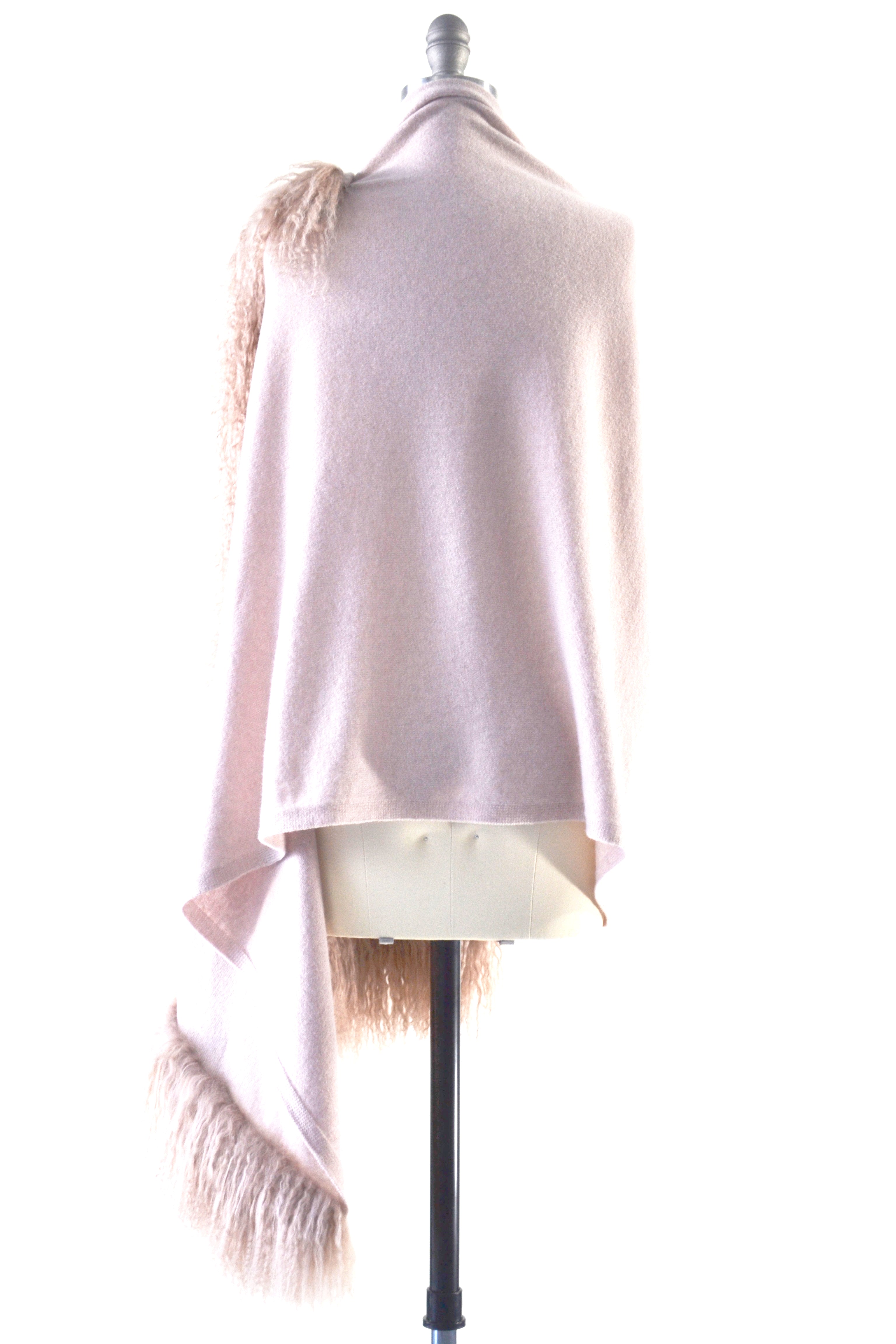 Cashmere Shawl with Double Curly Tibetan Sheep Fur in Blush