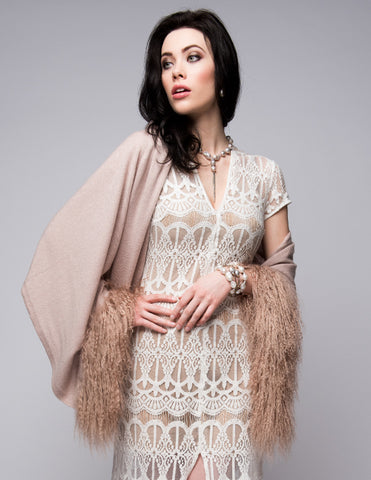 Cashmere Stole with Front Tibetan Sheep Fur & Crystals in Blush