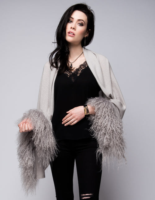 100% Cashmere Shawl with Double Curly Sheep Fur in Dove Gray