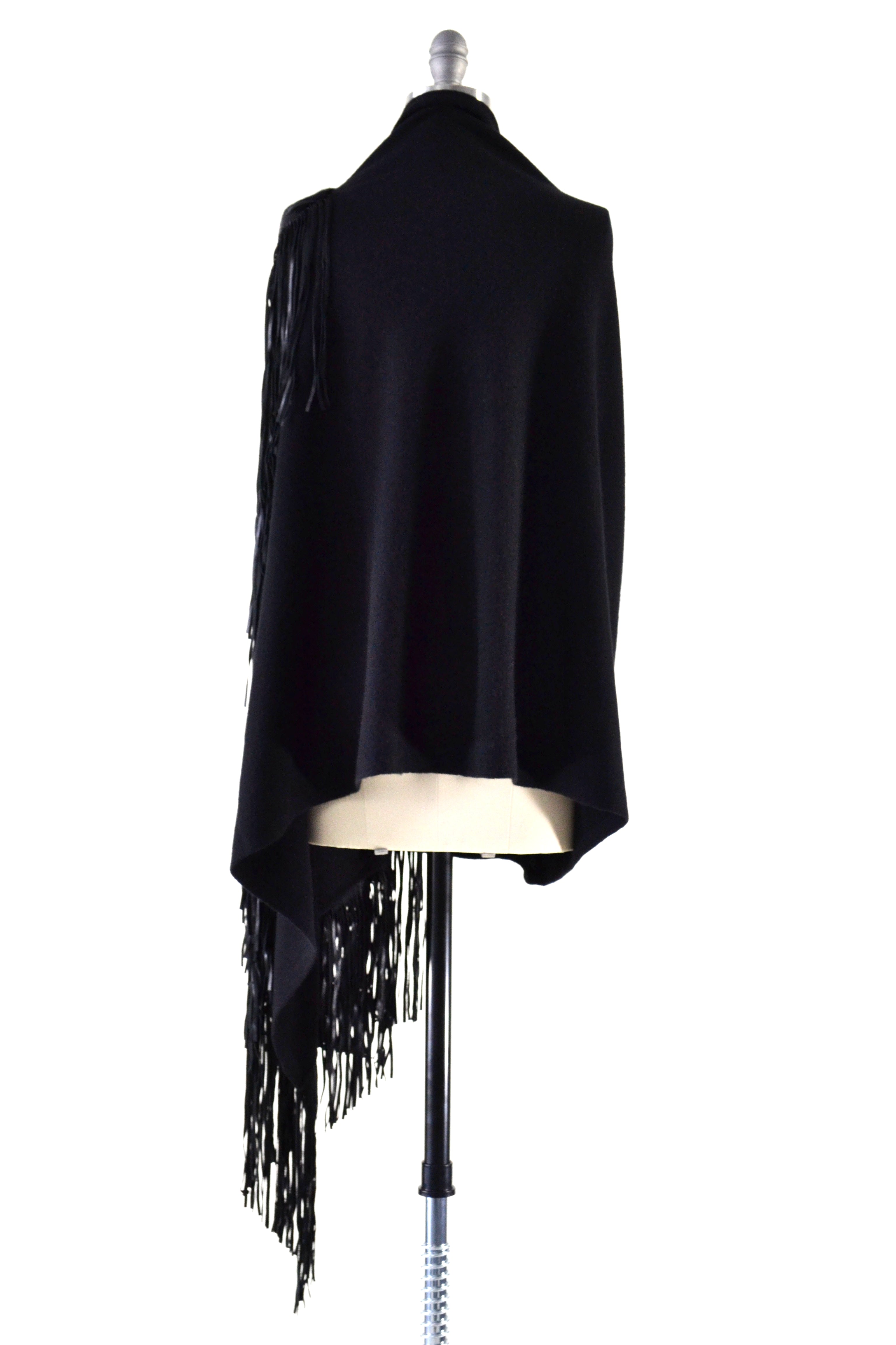 Cashmere Shawl with Double Leather Fringe in Black