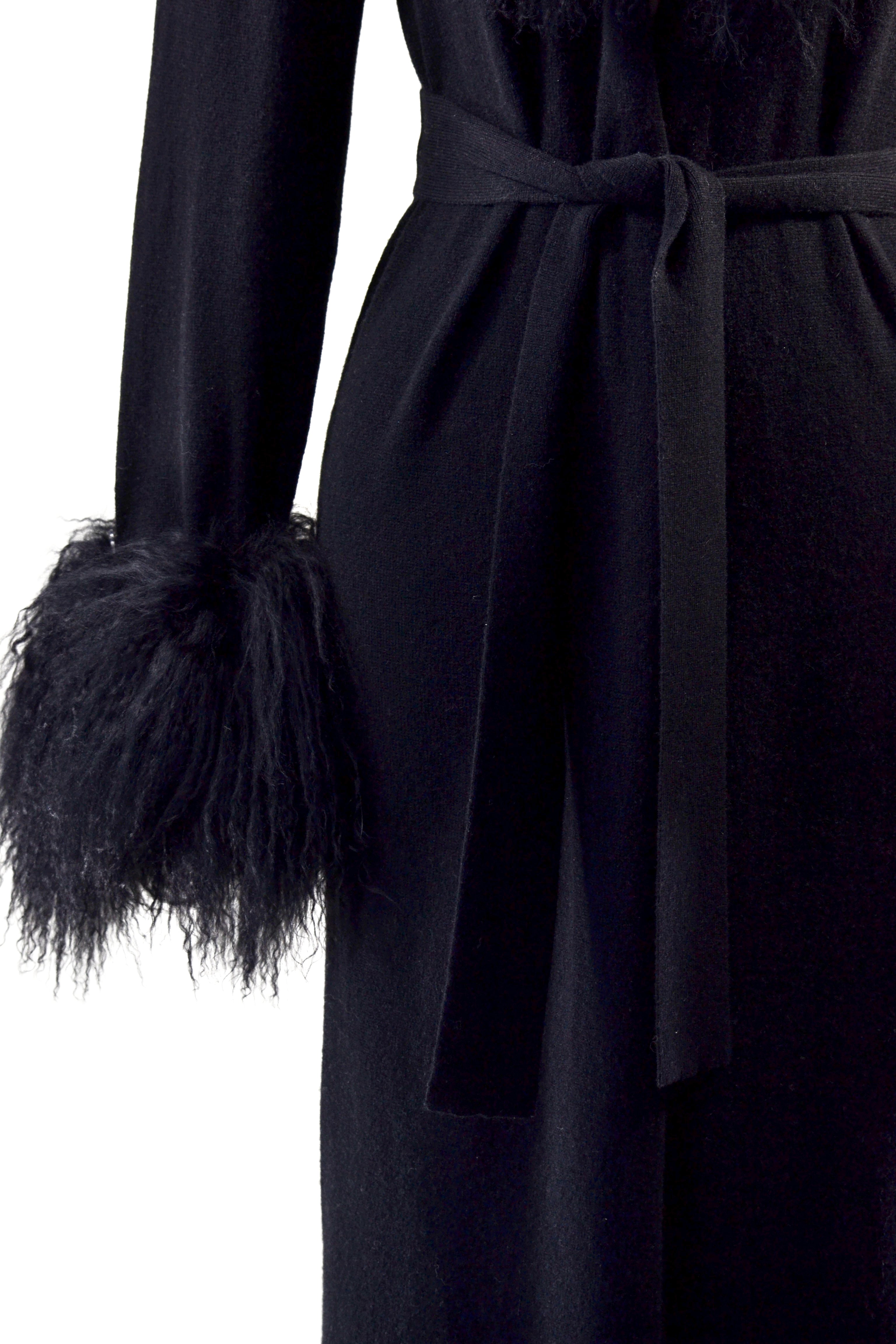 Cashmere Duster with Tibetan Sheep Fur Trim in Black