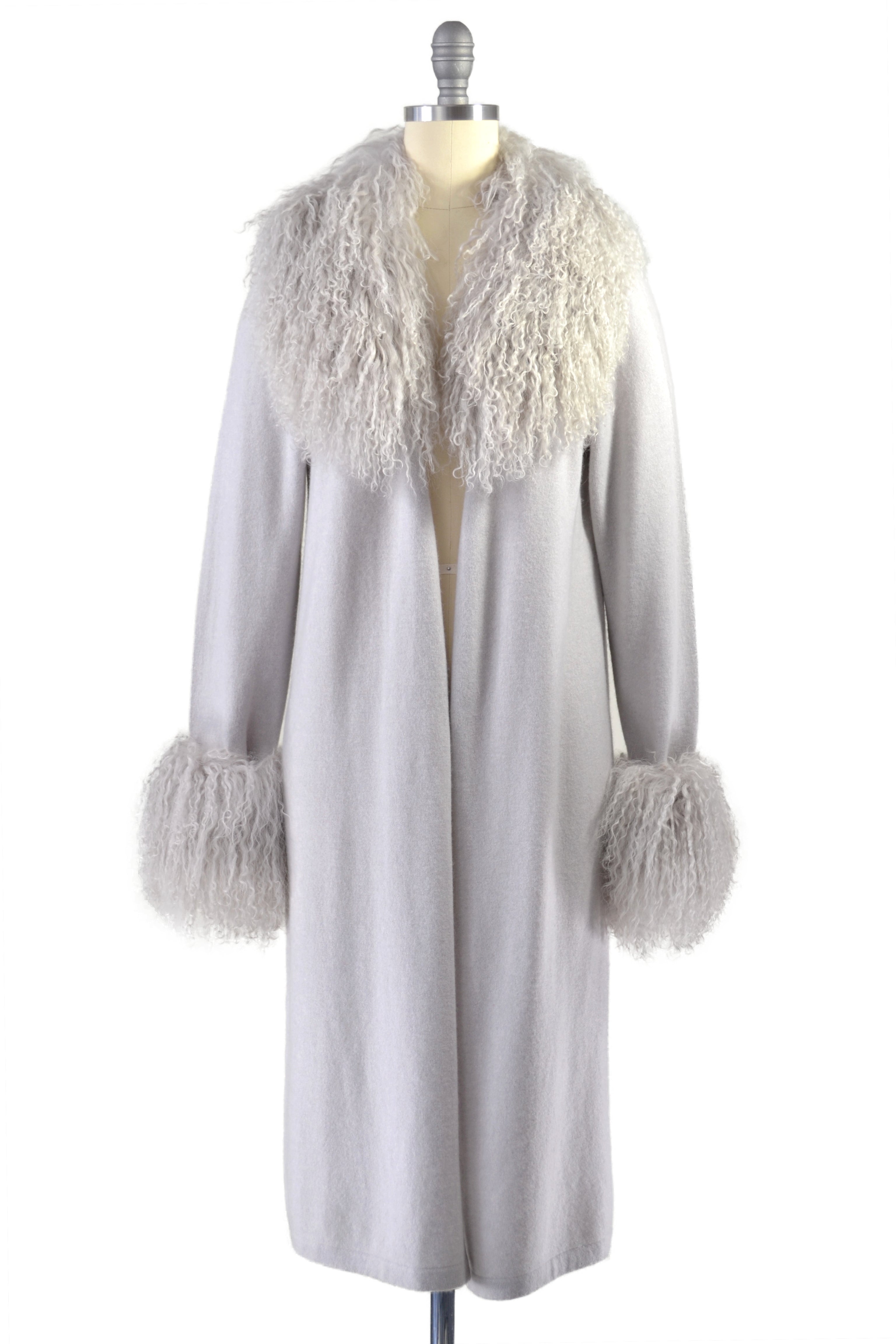 Cashmere Duster with Tibetan Sheep Fur Trim in Dove Gray