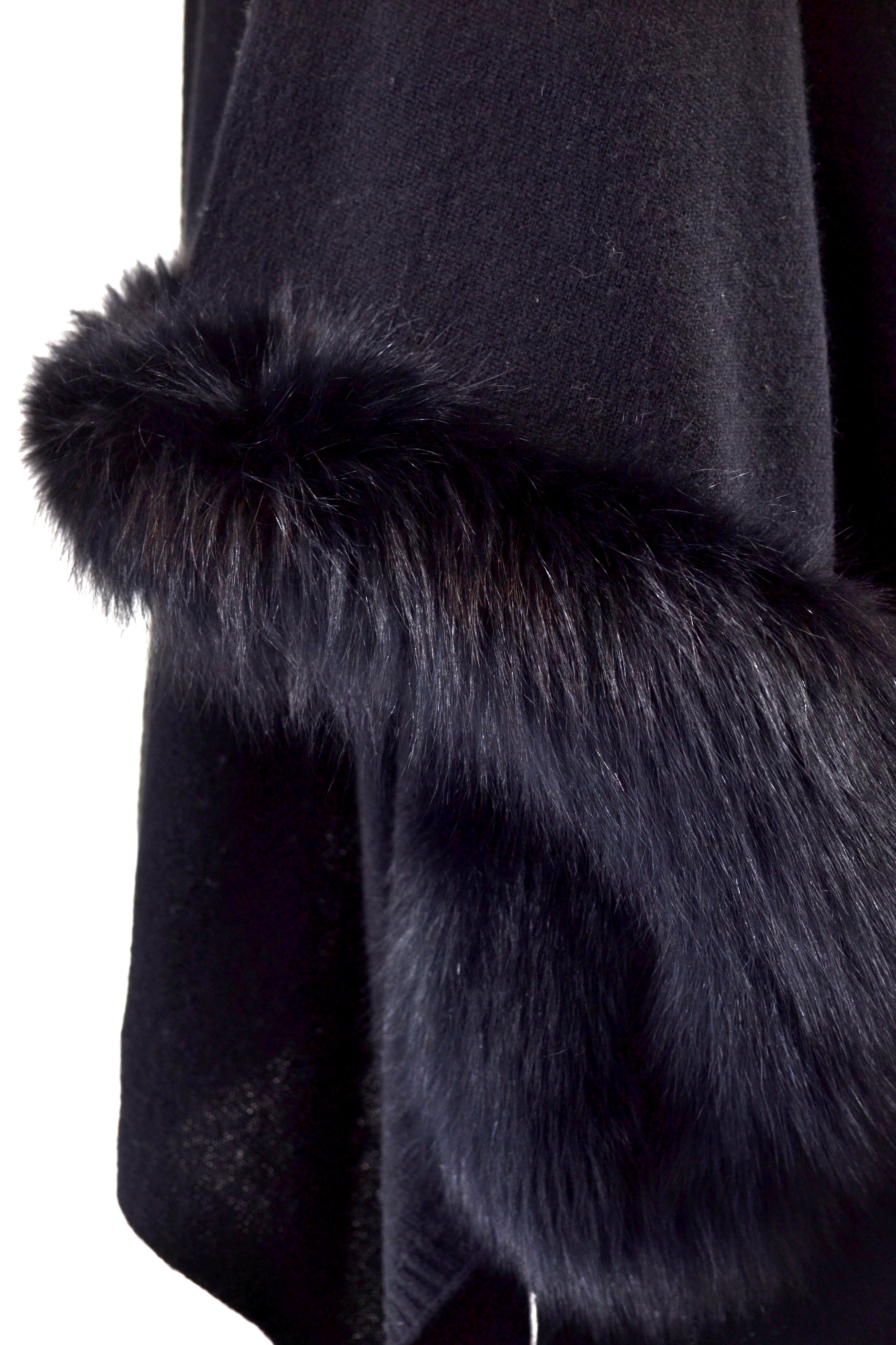 Cashmere Poncho with Full Fox Fur Trim in Black