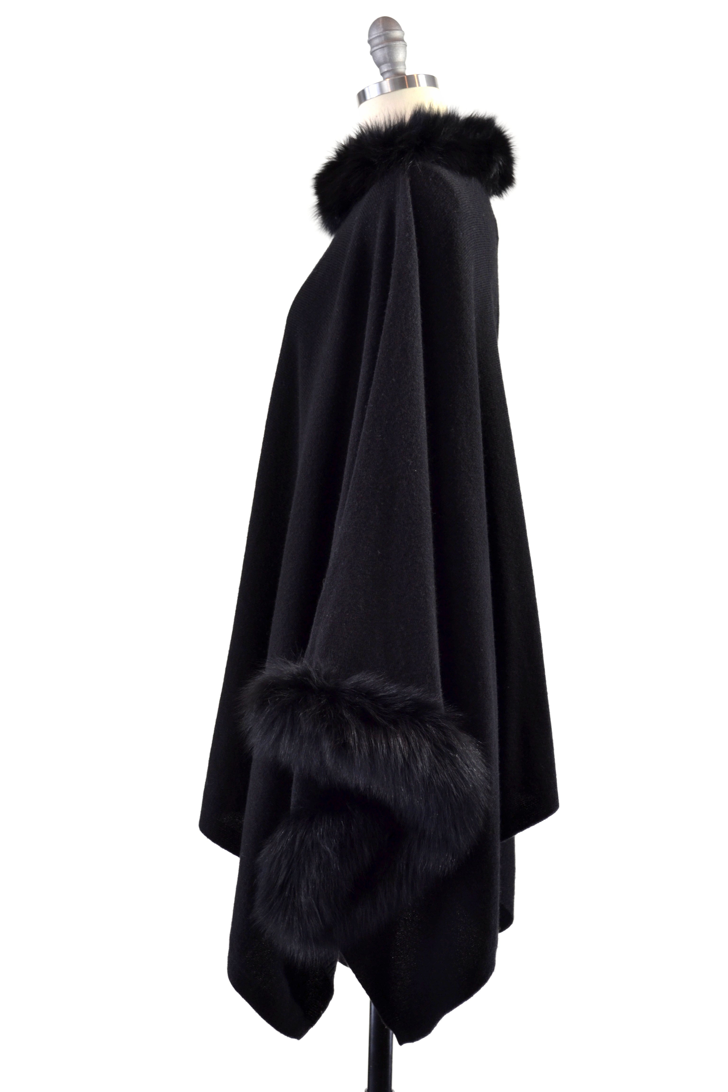 Cashmere Poncho with Full Fox Fur Trim in Black