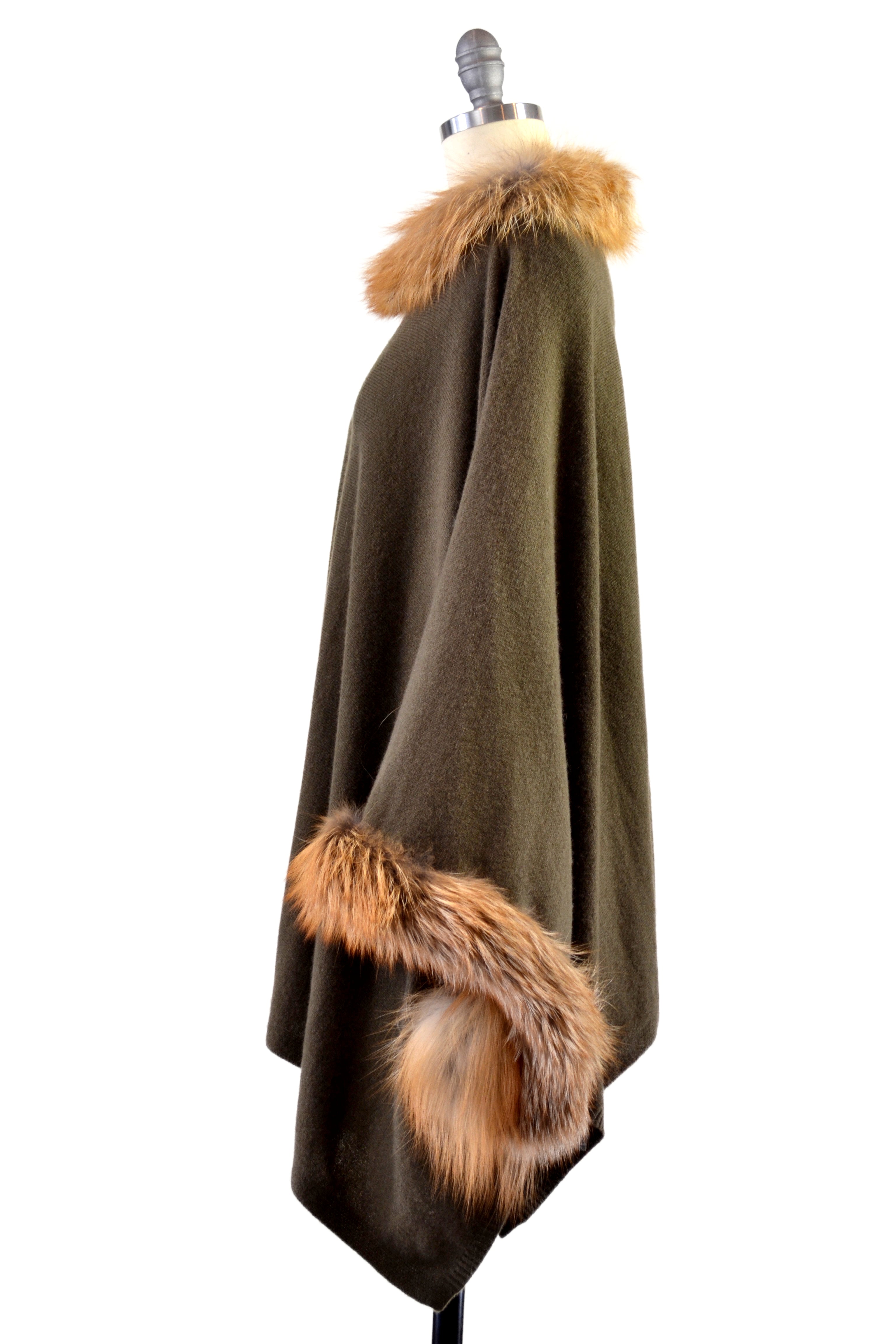 Cashmere Poncho with Full Fox Fur Trim in Hunter Green