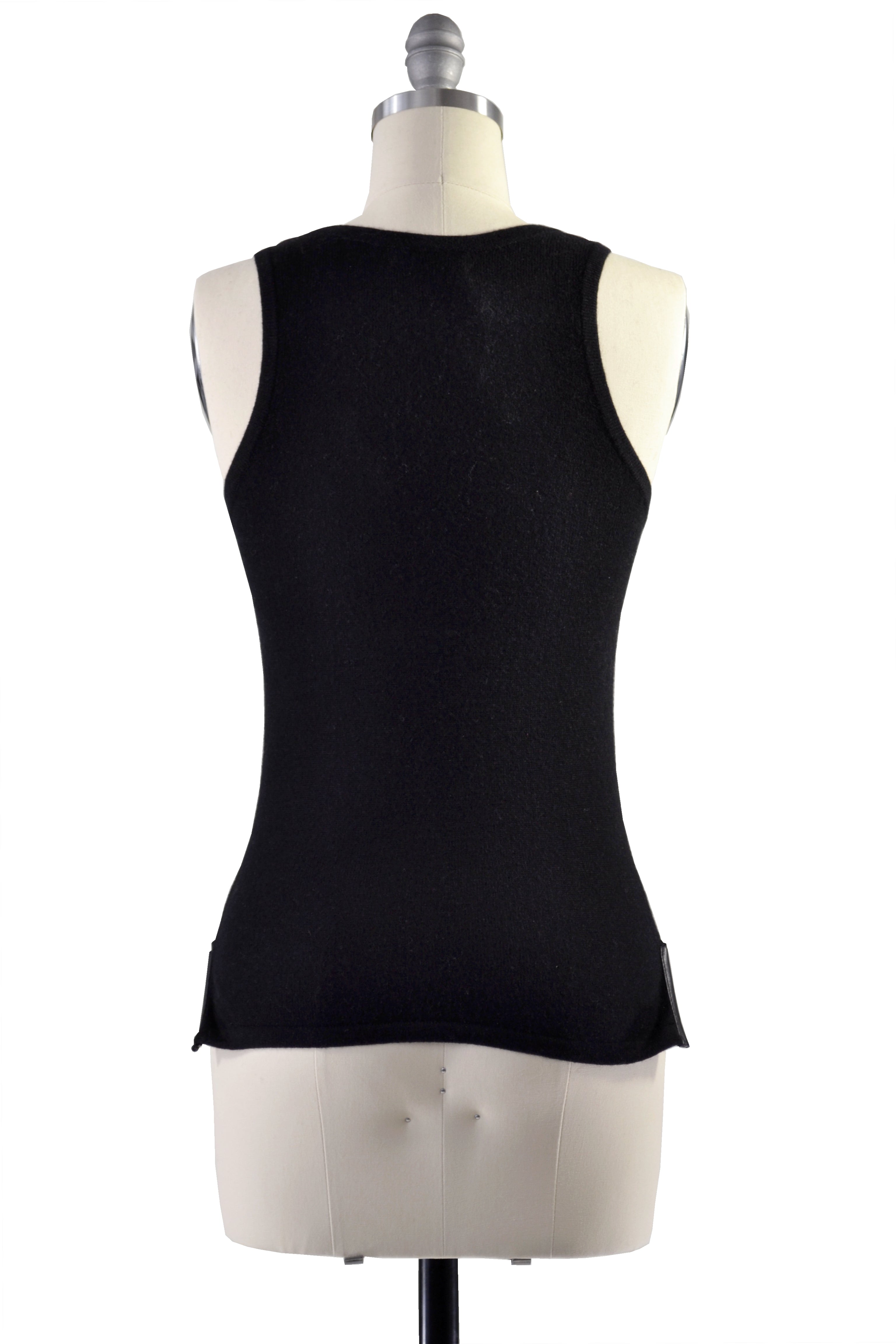Cashmere Tank Top with Leather Piping in Black