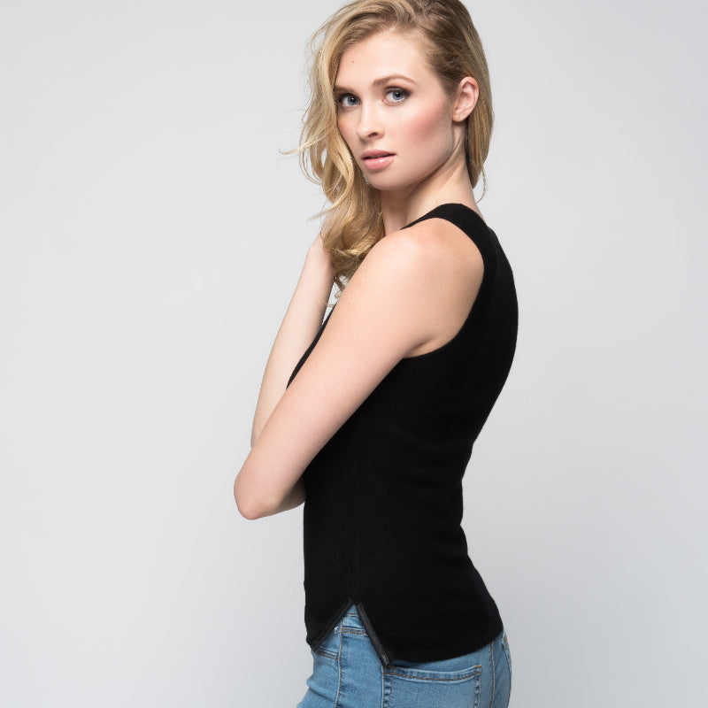 Cashmere Tank Top with Leather Piping in Black
