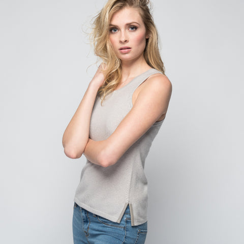 Cashmere Tank Top with Leather Piping in Safari