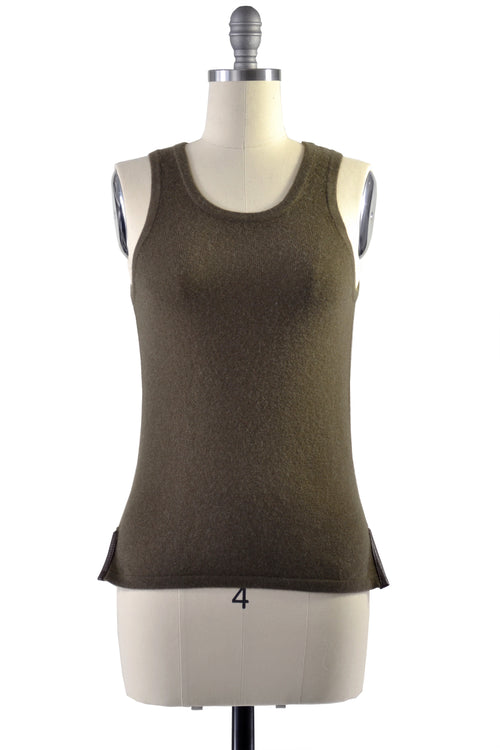 Cashmere Tank Top with Leather Piping in Hunter Green