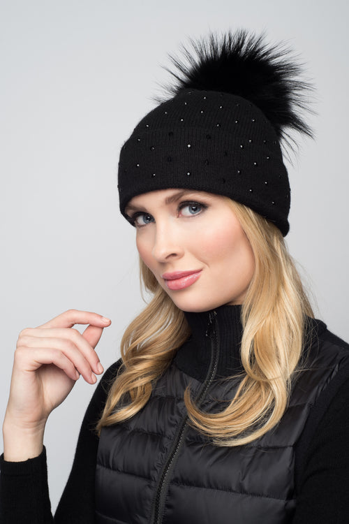 Black Cashmere Beanie with Scattered Crystals & Black Pom