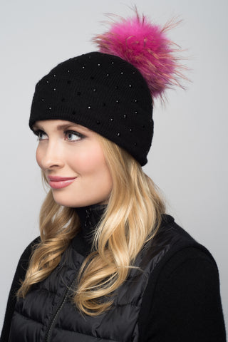Black Cashmere Beanie with Scattered Crystals & Oatmeal Pom