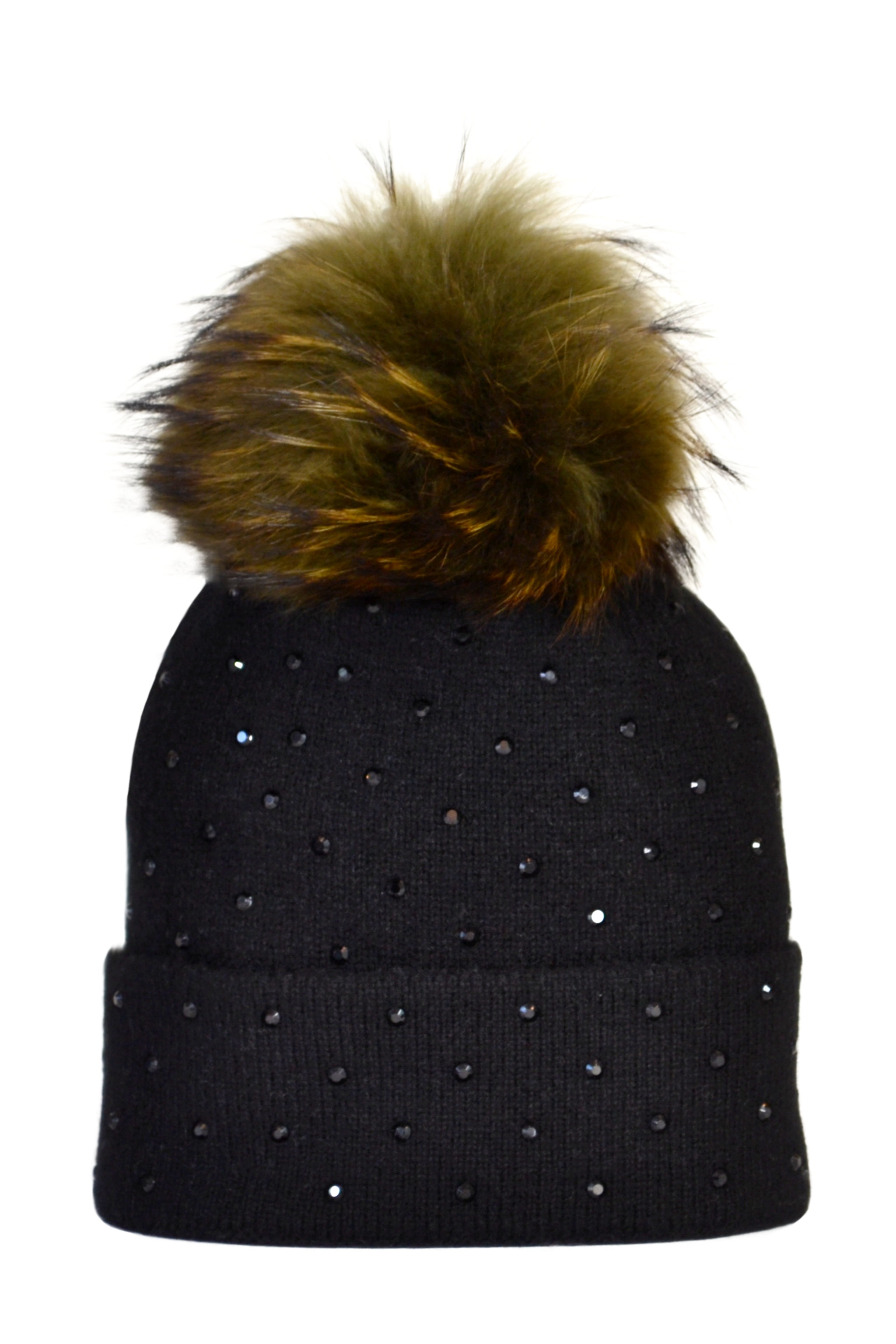 Black Cashmere Beanie with Scattered Crystals & Khaki Pom