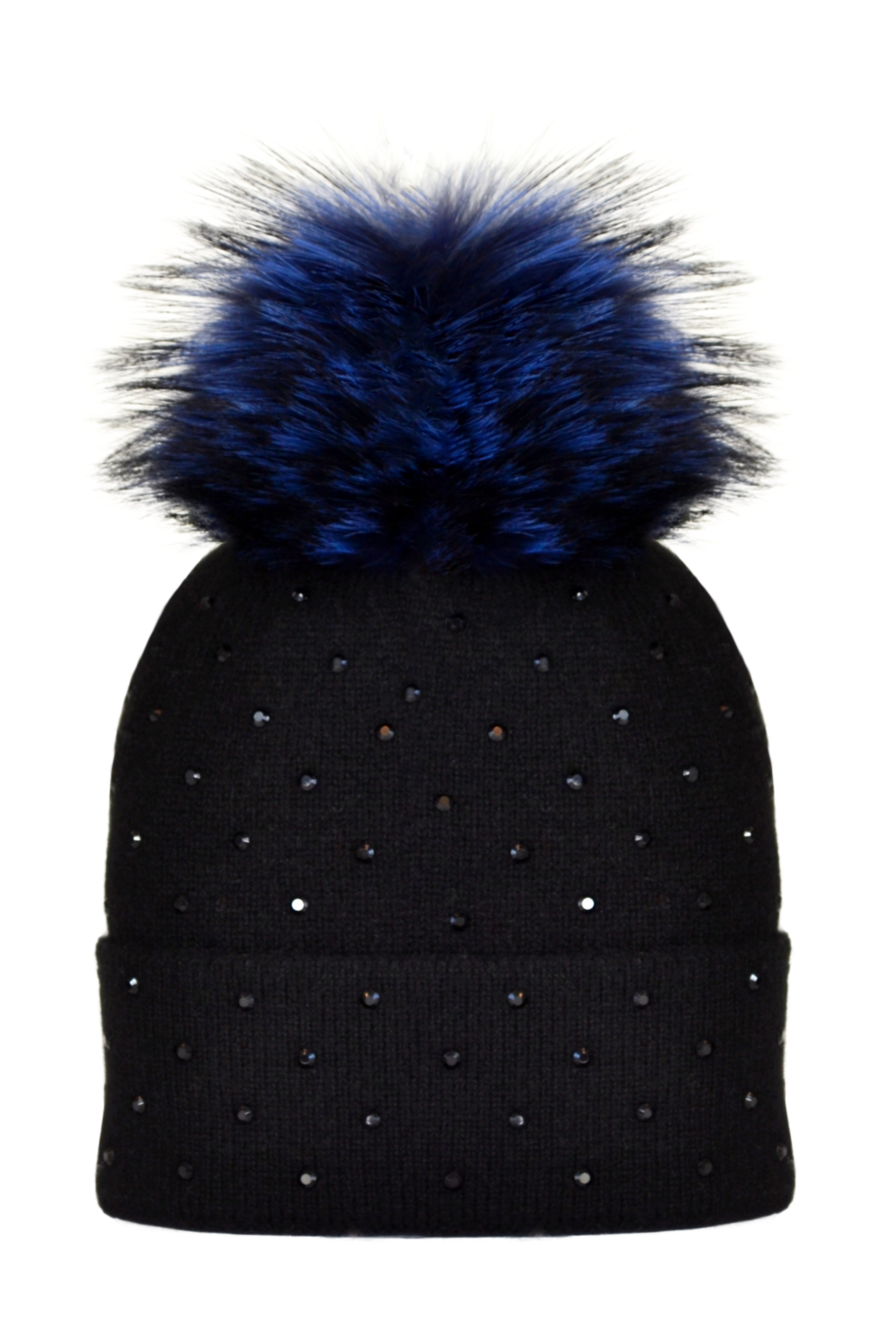 Black Cashmere Beanie with Scattered Crystals & Midnight Blue Pom