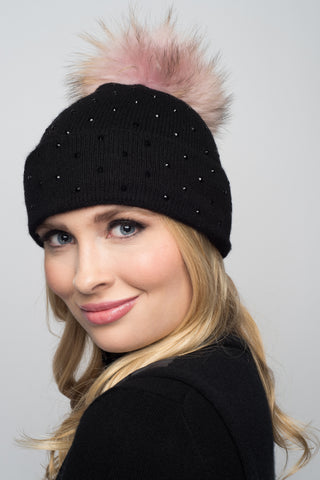 Black Cashmere Beanie with Crystals on Fold Over & Black Pom