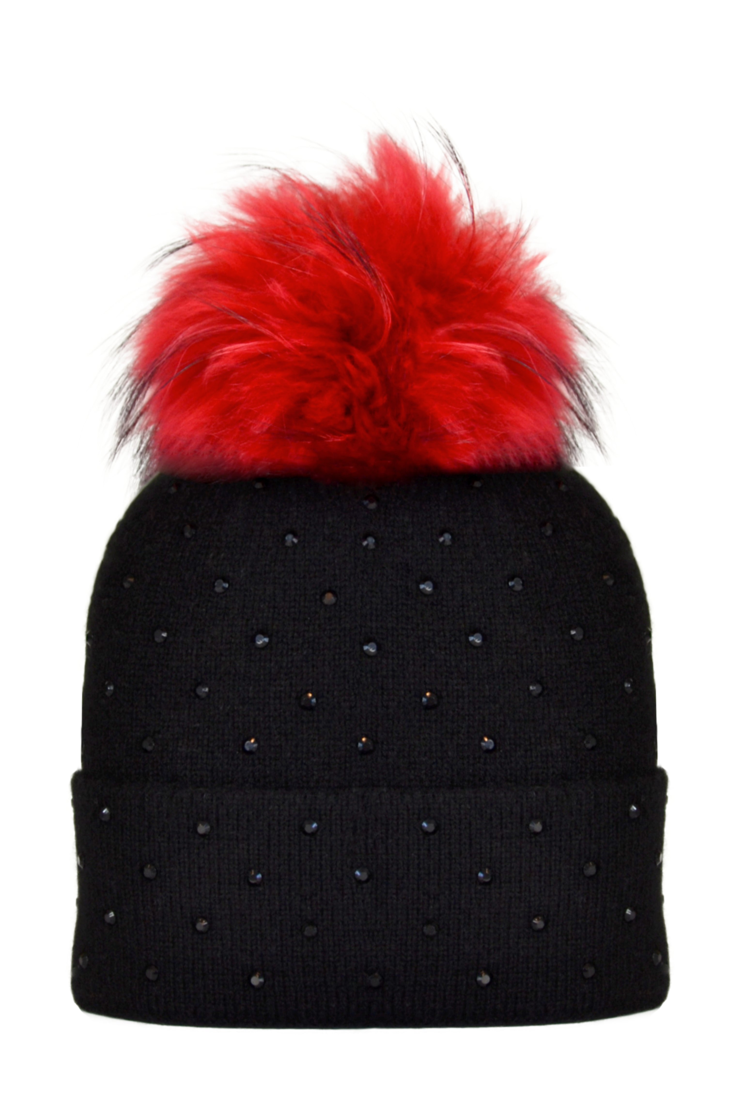 Black Cashmere Beanie with Scattered Crystals & Red Pom