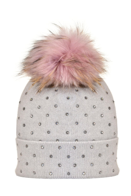 Dove Gray Cashmere Beanie with Scattered Crystals & Pale Pink Pom