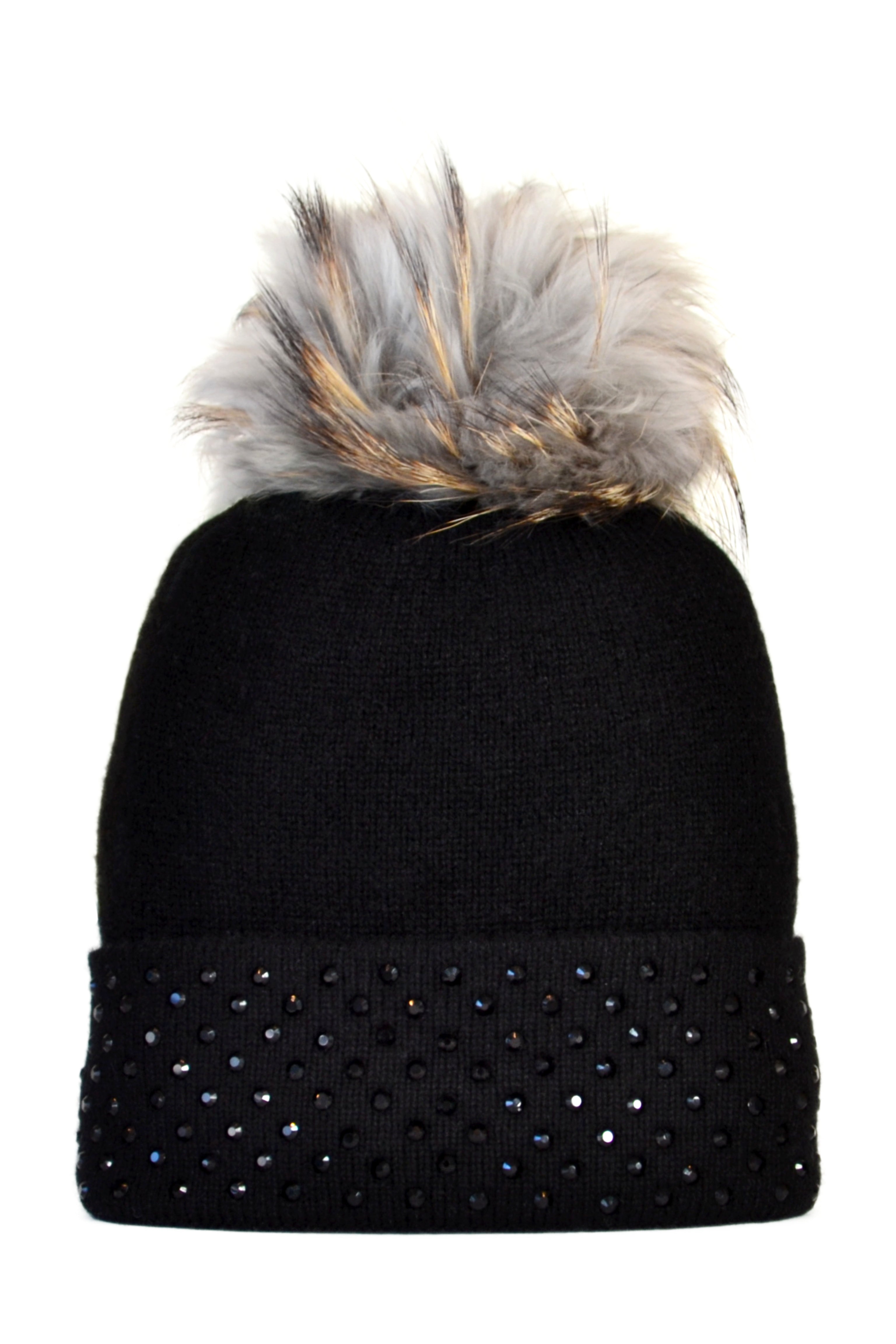 Black Cashmere Beanie with Crystals on Fold Over & Dove Gray Pom