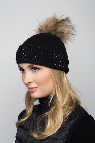Black Cashmere Beanie with Crystals on Fold Over & Black Pom