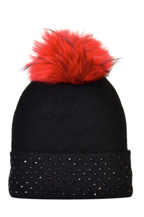 Black Cashmere Beanie with Crystals on Fold Over & Red Pom
