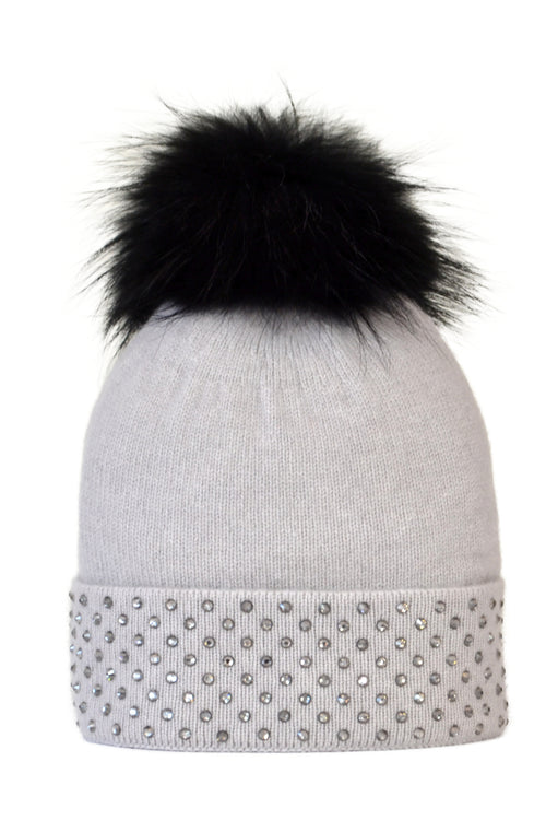 Dove Gray Cashmere Beanie with Crystals on Fold Over & Black Pom
