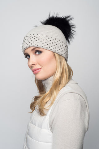 Dove Gray Cashmere Beanie with Crystals on Fold Over & Khaki Pom