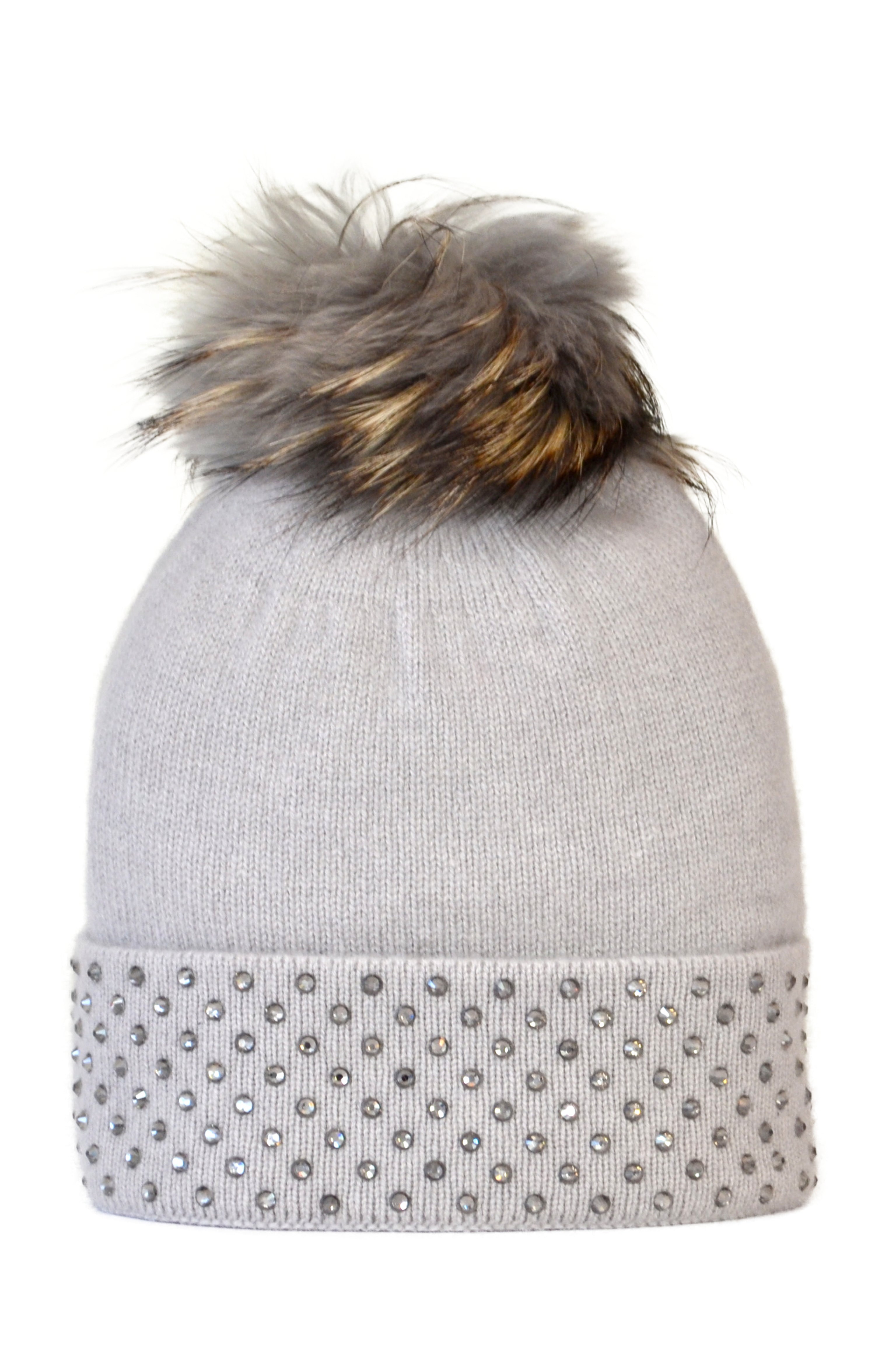 Dove Gray Cashmere Beanie with Crystals on Fold Over & Dove Gray Pom