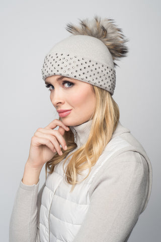 Dove Gray Cashmere Beanie with Scattered Crystals & Ivory Pom
