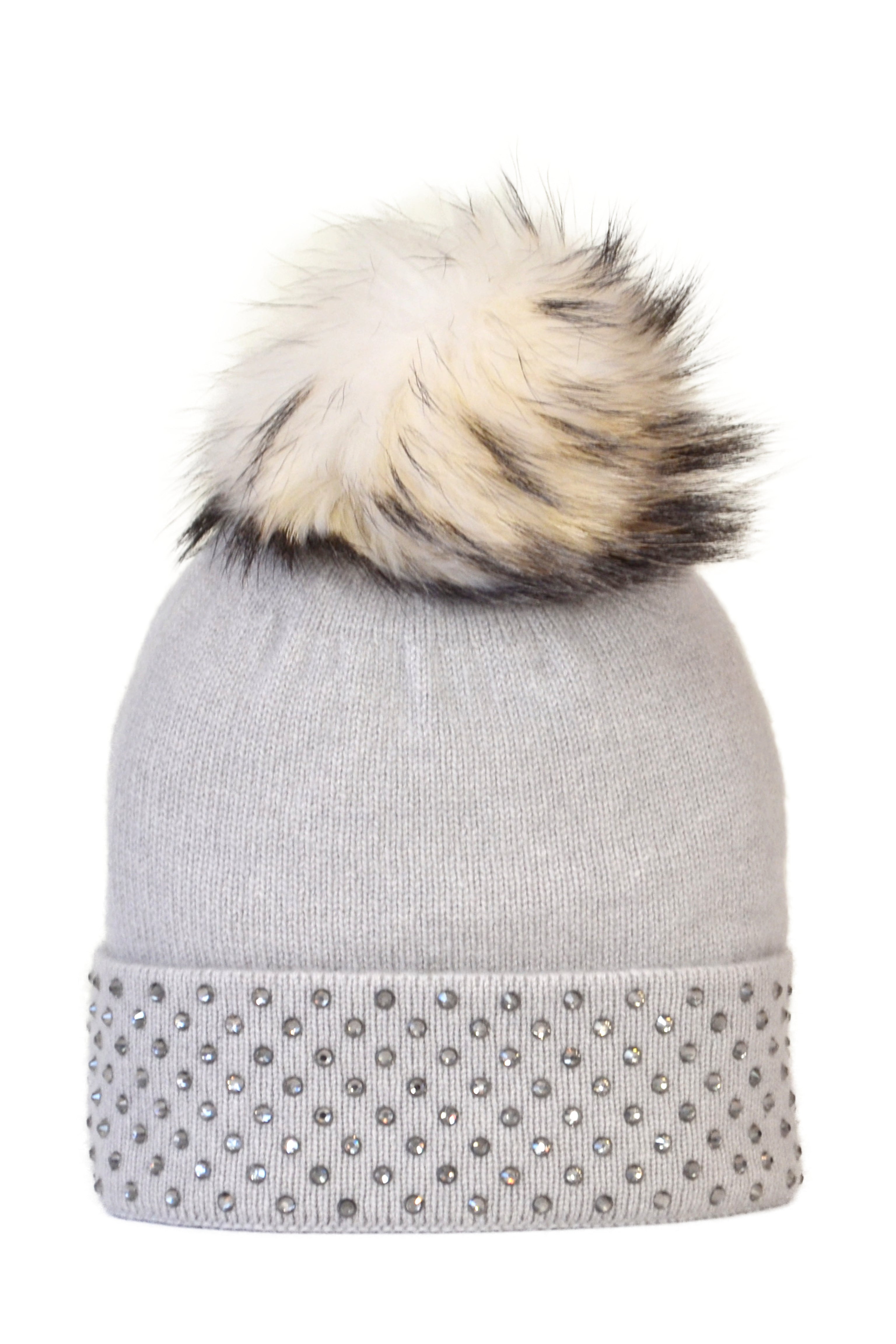 Dove Gray Cashmere Beanie with Crystals on Fold Over & Ivory Pom