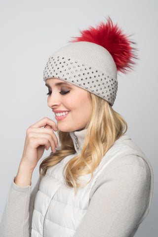 Dove Gray Cashmere Beanie with Crystals on Fold Over & Dove Gray Pom